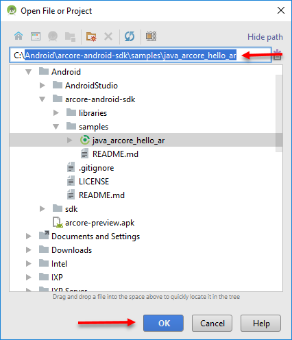 Selecting the ARCore sample project folder