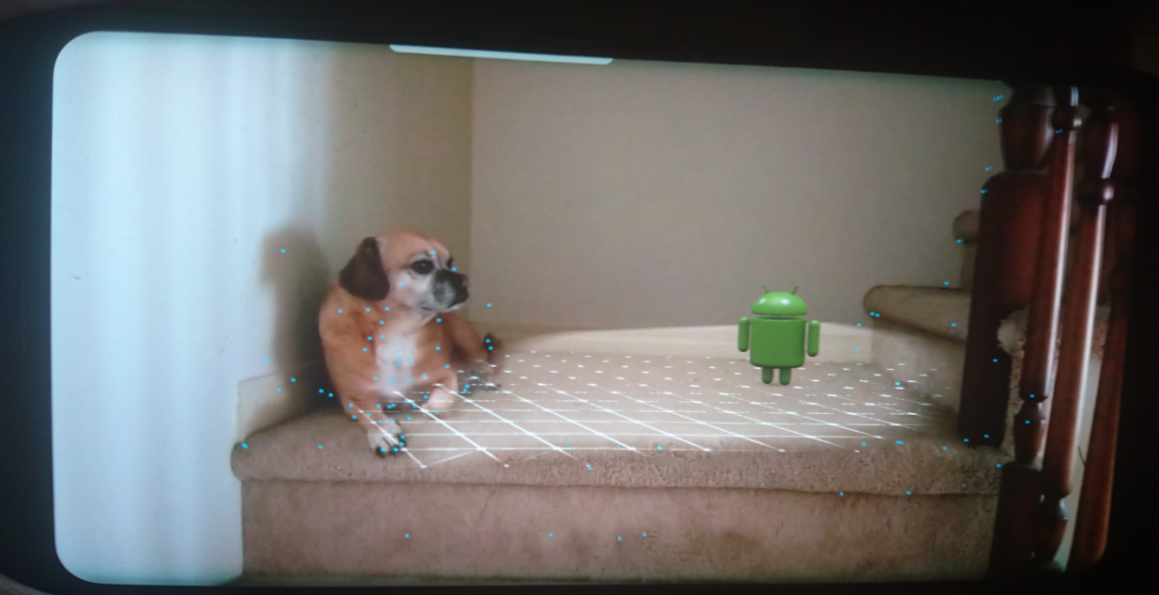 Sample Android ARCore app running; the dog is real