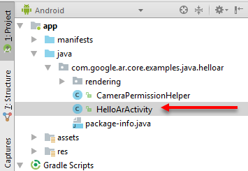 HelloArActivity shown in the Project window