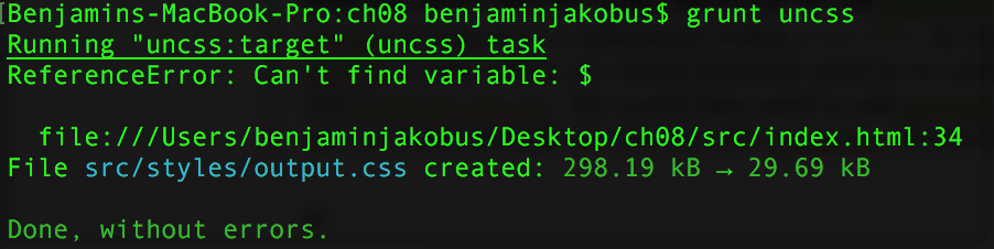 The console output after executing our uncss task